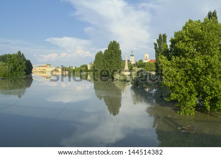 View of Flooded Gyor Town at Sunset When Danube River Reached the Maximum Water Level Stock fotó © 