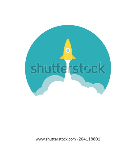 Yellow rocket and white cloud, circle icon in flat style, conceptual of start up new business project, take off of a business or project or extraterrestrial travel vector illustration
