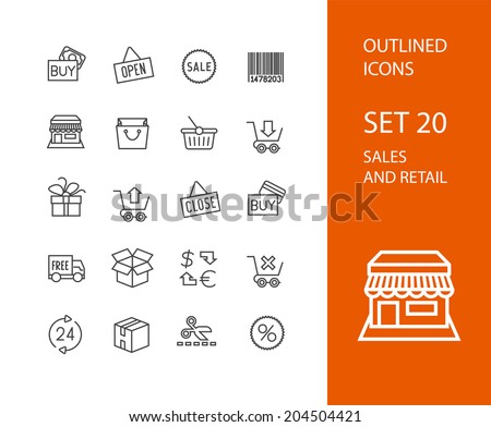 Outline icons thin flat design, modern line stroke style, web and mobile design element, objects and vector illustration icons set 20 - sales and retail collection