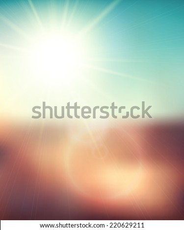 Blurry evening scene with brown field, sun burst, blue and green blur sky, illustration