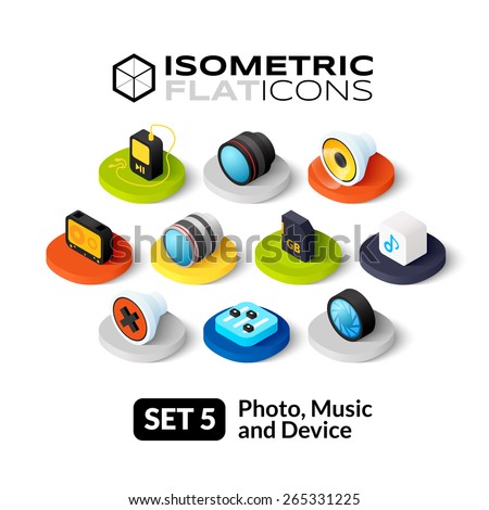 Isometric flat icons, 3D pictograms vector set 5 - Photo music and device symbol collection