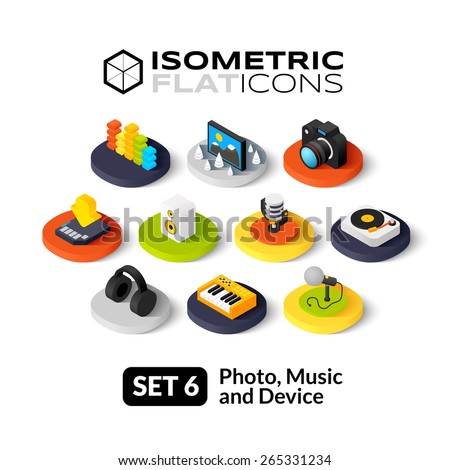 Isometric flat icons, 3D pictograms vector set 6 - Photo music and device symbol collection