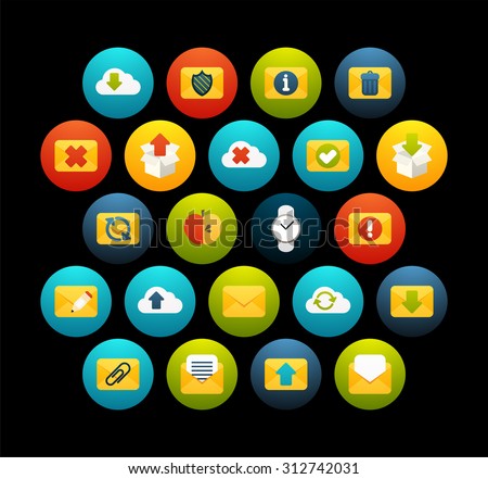 Flat icons set 7 - mail and cloud collection, for phone watch or tablet, isolated on black background