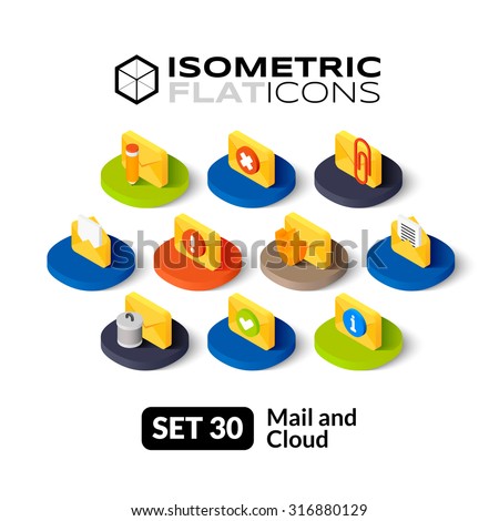 Isometric flat icons, 3D pictograms vector set 30 - Mail and cloud symbol collection