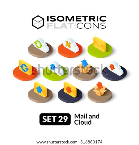 Isometric flat icons, 3D pictograms vector set 29 - Mail and cloud symbol collection