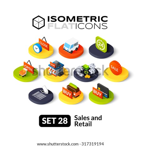 Isometric flat icons, 3D pictograms vector set 28 - Sales and retail symbol collection