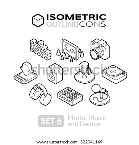 Isometric outline icons, 3D pictograms vector set 6 - Photo music and device symbol collection
