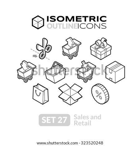 Isometric outline icons, 3D pictograms vector set 27 - Sales and retail symbol collection