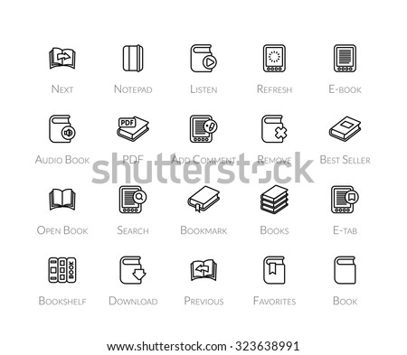 Outline icons thin flat design, modern line stroke style, web and mobile design element, objects and vector illustration icons set 21 - book collection