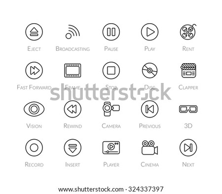 Outline icons thin flat design, modern line stroke style, web and mobile design element, objects and vector illustration icons set 5 - media collection