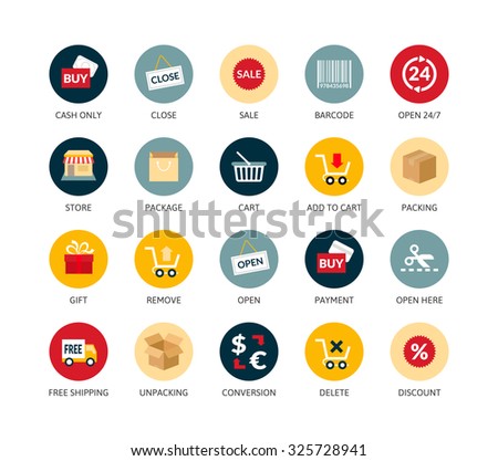 Round icons thin flat design, modern line stroke style, web and mobile design element, objects and vector illustration icons set 20 - sales and retail collection