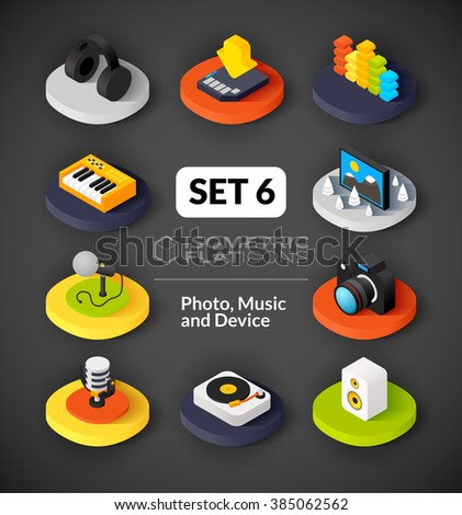 Isometric flat icons, 3D pictograms vector set 6 - Photo music and device symbol collection