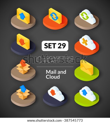 Isometric flat icons, 3D pictograms vector set 29 - Mail and cloud symbol collection