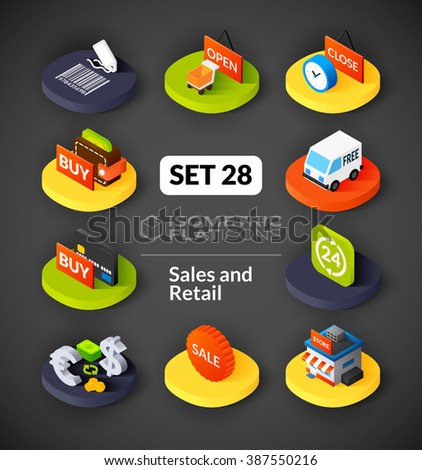 Isometric flat icons, 3D pictograms vector set 28 - Sales and retail symbol collection