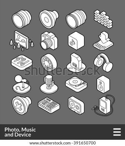 Isometric outline icons, 3D pictograms vector set - Photo music and device symbol collection