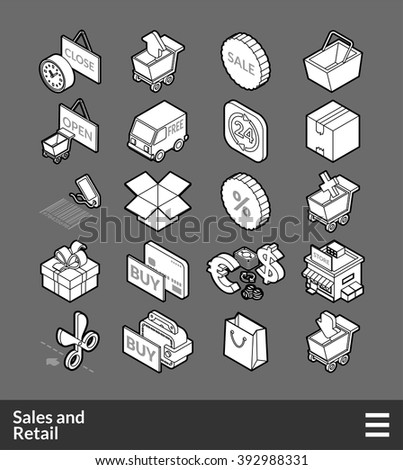 Isometric outline icons, 3D pictograms vector set - Sales and retail symbol collection