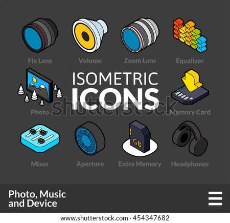 Isometric outline icons, 3D pictograms vector set 5 - Photo music and device symbol collection