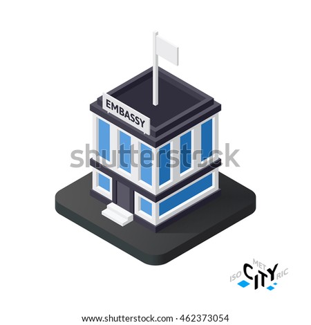 Isometric embassy flat icon isolated on white background, building city infographic element, digital low poly graphic, vector illustration