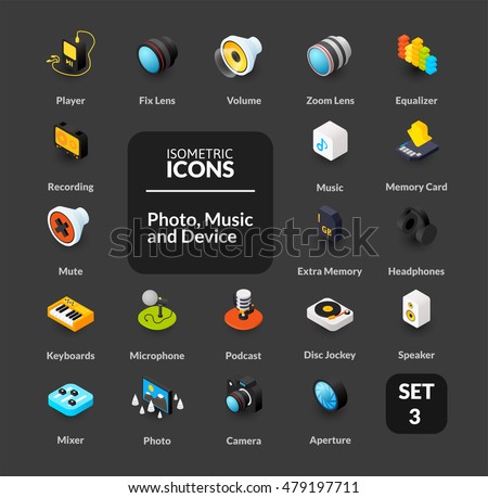 Color icons set in flat isometric illustration style, vector symbols - Photo music and device collection