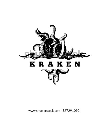 Giant evil kraken absorbs commercial sailing ship, silhouette octopus sea monster with tentacles for logo and t-shirt print or seafood mascot label, simple detailed black vector illustration