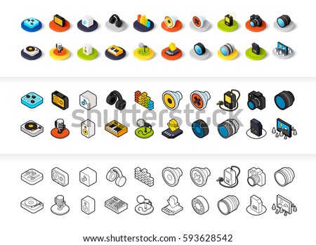 Set of icons in different style - isometric flat and otline, colored and black versions, vector symbols - Photo music and device collection