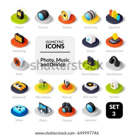 Color icons set in flat isometric illustration style, vector symbols - Photo music and device collection