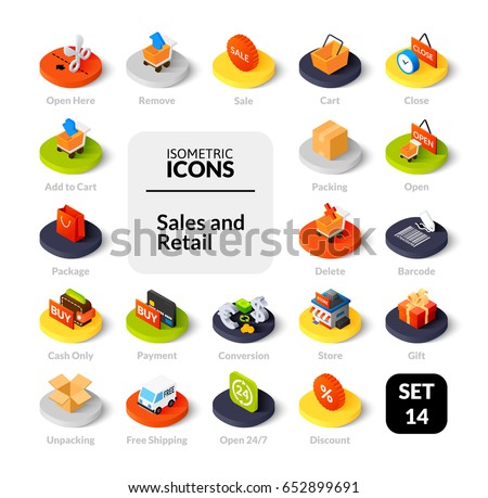 Color icons set in flat isometric illustration style, vector symbols - Sales and retail collection