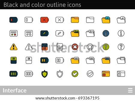 Black and color outline icons thin flat design, modern line stroke style, web and mobile design element, objects and vector illustration icons set 10 - interface collection
