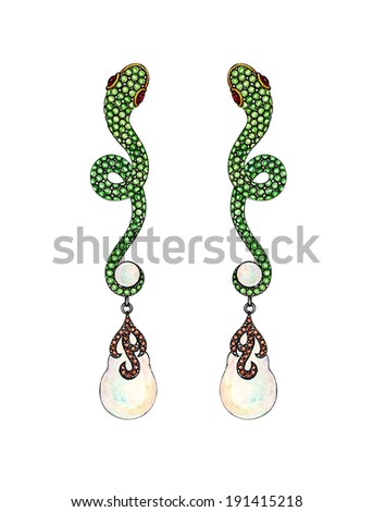 Snake earring jewelry.Hand drawing and painting on paper.