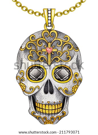 Skull pendant jewelry day of the dead. Hand drawing and painting on paper.