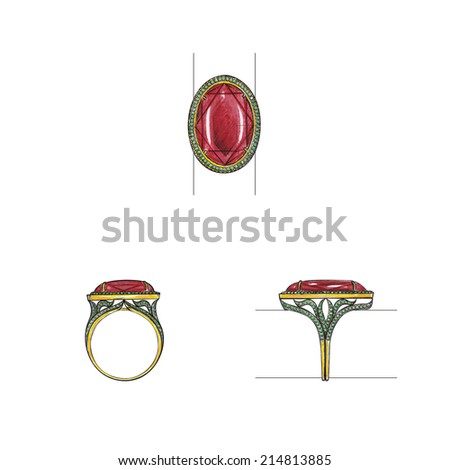 Ring jewelry Ruby mix Diamond gold. Hand drawing and painting on paper.