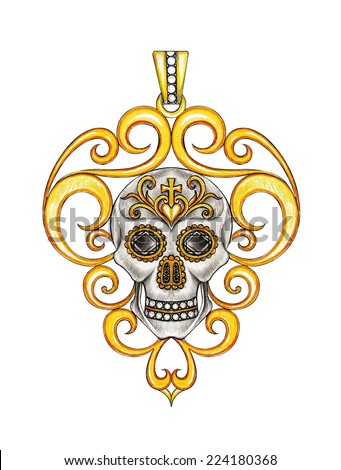 Skull Pendant Jewelry Day of the dead. Hand drawing and painting on paper.