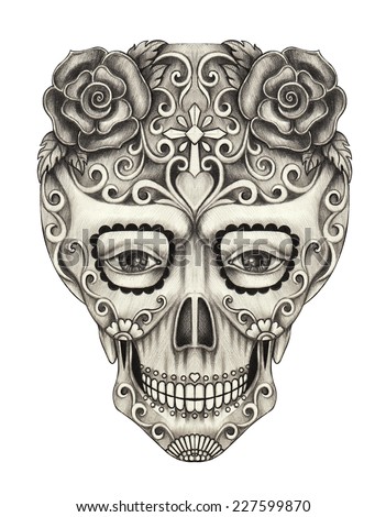 Art Skull Day of the dead. Hand drawing on paper.