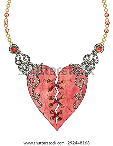 Jewelry Design heart mix vintage necklace. Hand pencil drawing and painting on paper.