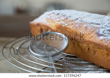 Powdered sugar is applied to marble cake