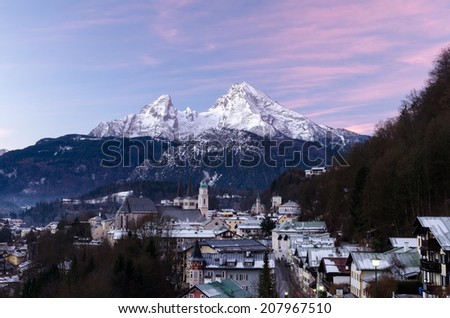 The village of Berchtesgaden in Upper Bavaria, Germany near the Austrian border at sunrise. The mountain in the background is the Watzmann, one of Germanies highest mountains.