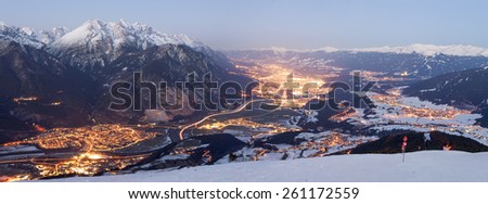 Innsbruck, Axams and Kematen at night, photographed from mount Rangger Koepfl, Innsbruck, Tyrol, Austria
