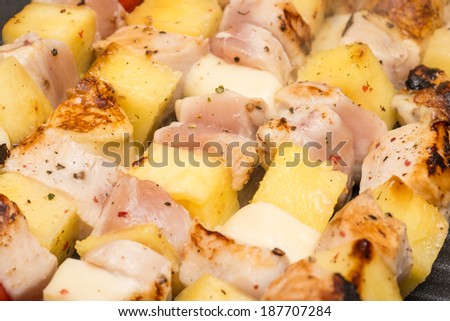Exotic Skewers With Chicken Meat, Pineapple And Mozzarella