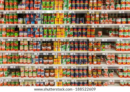 BUCHAREST, ROMANIA - APRIL 20, 2014: Canned Food On Supermarket Stand.