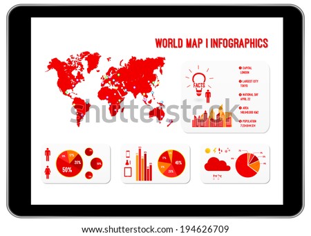 World Map Infographics On Black Business Tablet Similar To iPad