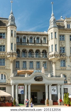 DEBRECEN, HUNGARY - AUGUST 23, 2014: Grand Hotel Aranybika is a four-star hotel with its history dates back to the late 17th century but the current building date from 1915.