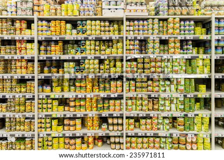 BUCHAREST, ROMANIA - DECEMBER 06, 2014: Canned Food On Supermarket Stand.
