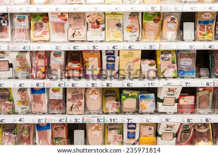 BUCHAREST, ROMANIA - DECEMBER 06, 2014: Cold Meat Ham Packs On Supermarket Stand.