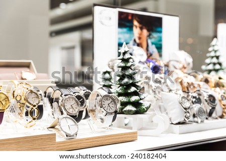 BUCHAREST, ROMANIA - DECEMBER 24, 2014: Expensive Watches For Sale In Luxury Shop Window Display.
