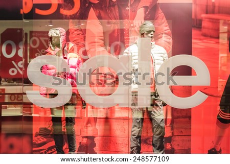 BUCHAREST, ROMANIA - JANUARY 28, 2015: Discount Sales At Adidas Store. Adidas is a German multinational corporation that designs and manufactures sports clothing and accessories based in Germany.