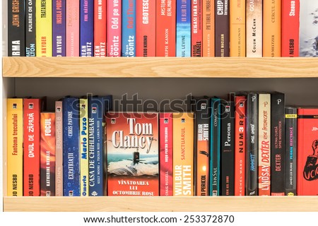 BUCHAREST, ROMANIA - FEBRUARY 13, 2015: Famous Books For Sale On Library Shelf.