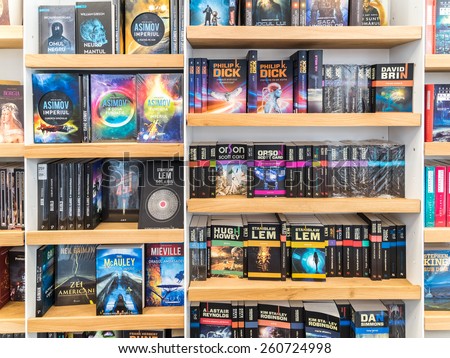 BUCHAREST, ROMANIA - MARCH 15, 2015: Science Fiction Books For Sale On Library Shelf.