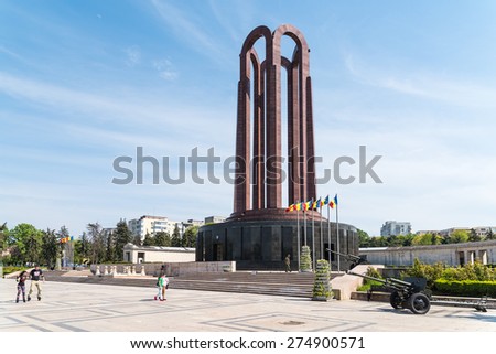BUCHAREST, ROMANIA - APRIL 28, 2015: The Mausoleum Of Romanian Heroes was built in 1963 and it is located in Carol Park in Bucharest.