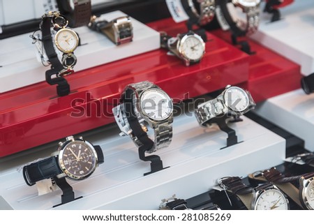 BUCHAREST, ROMANIA - MAY 24, 2015: Luxury Watches For Sale In Shop Window Display.