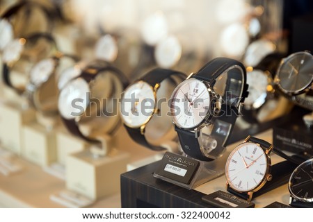 VIENNA, AUSTRIA - AUGUST 09, 2015: Luxury Watches For Sale In Shop Window Display.